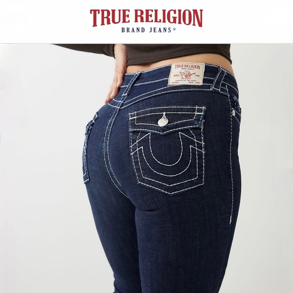 EUC [True Religion] Low-Rise <Becky> Boot Cut Blue Jeans + Rhinestones | 25 0 XS - Picture 1 of 16